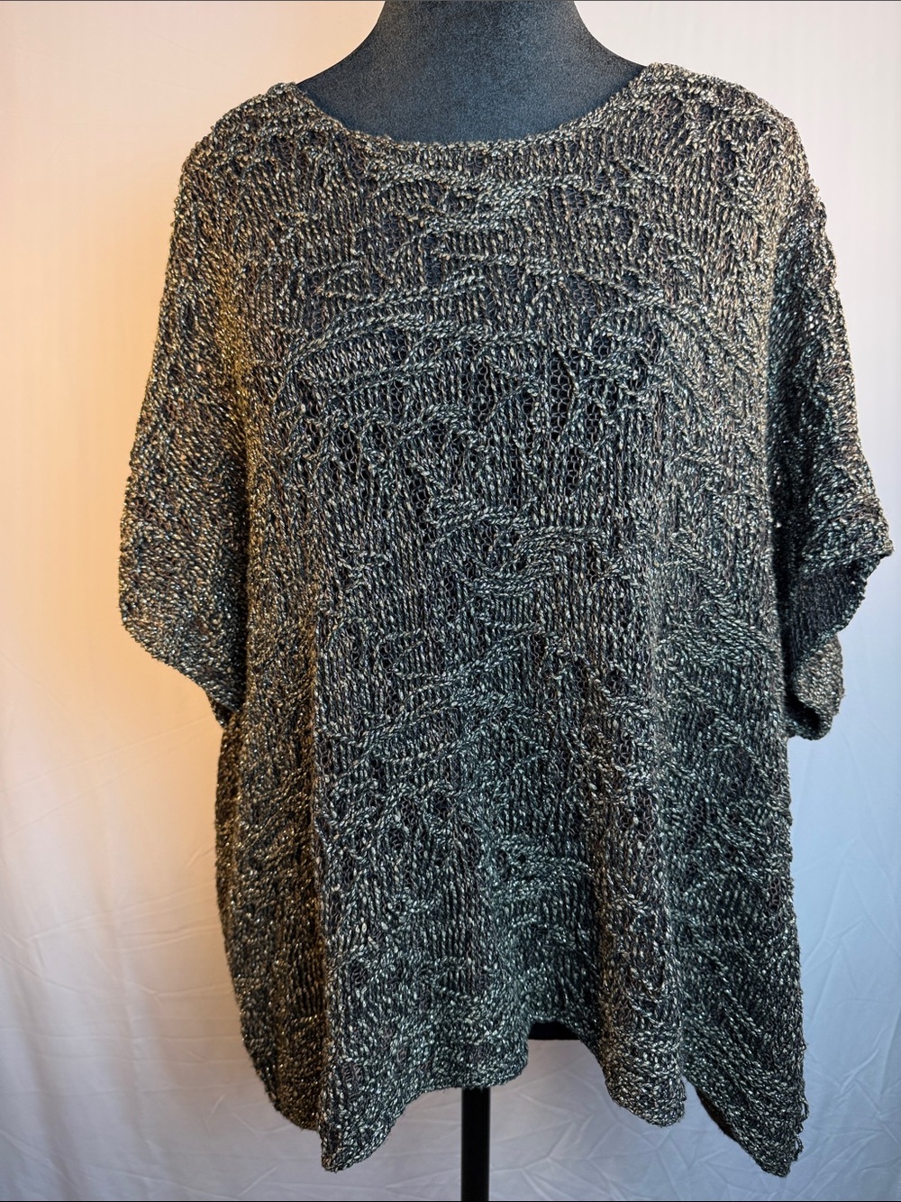 Eileen Fisher Metallic Crochet Knit Boxy Top - Black & Silver
